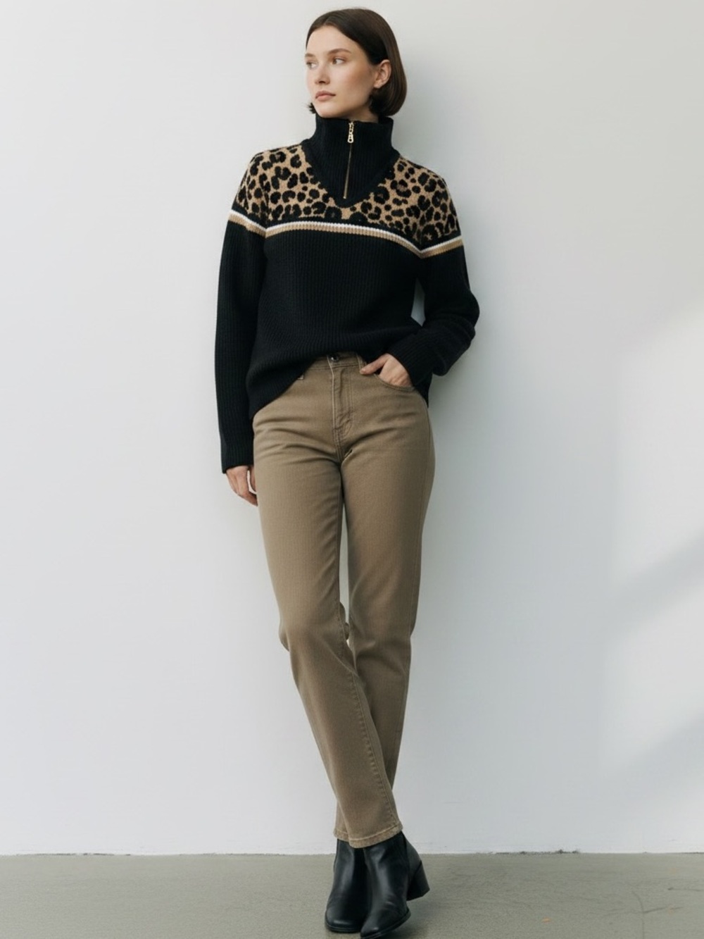 NEW Bogner Black Wool Blend Zip Funnel-Neck Sweater with Leopard Accents size M